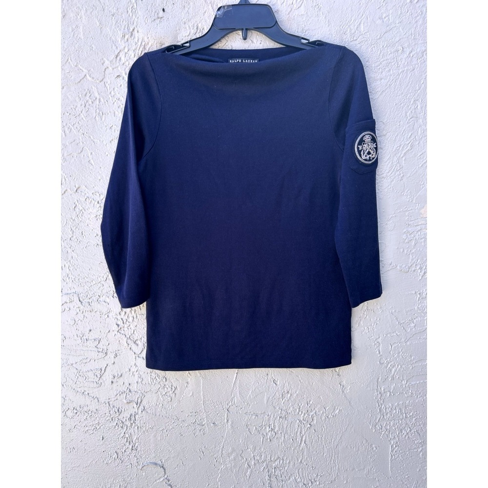 Ralph Lauren Navy Blue Boat Neck Knit Top Bullion Crest Patch Navy Medium